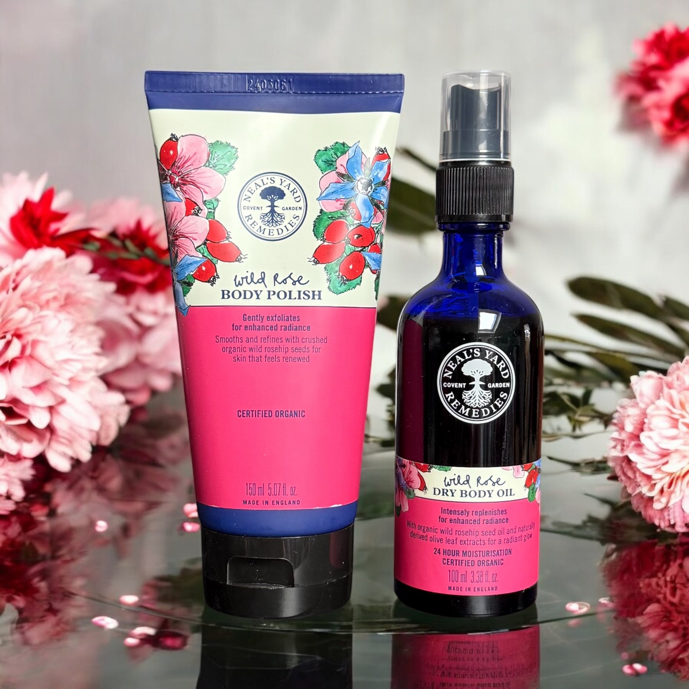 Neal's Yard Remedies Wild Rose Body Polish 150ml & Dry Body Oil 100ml duo