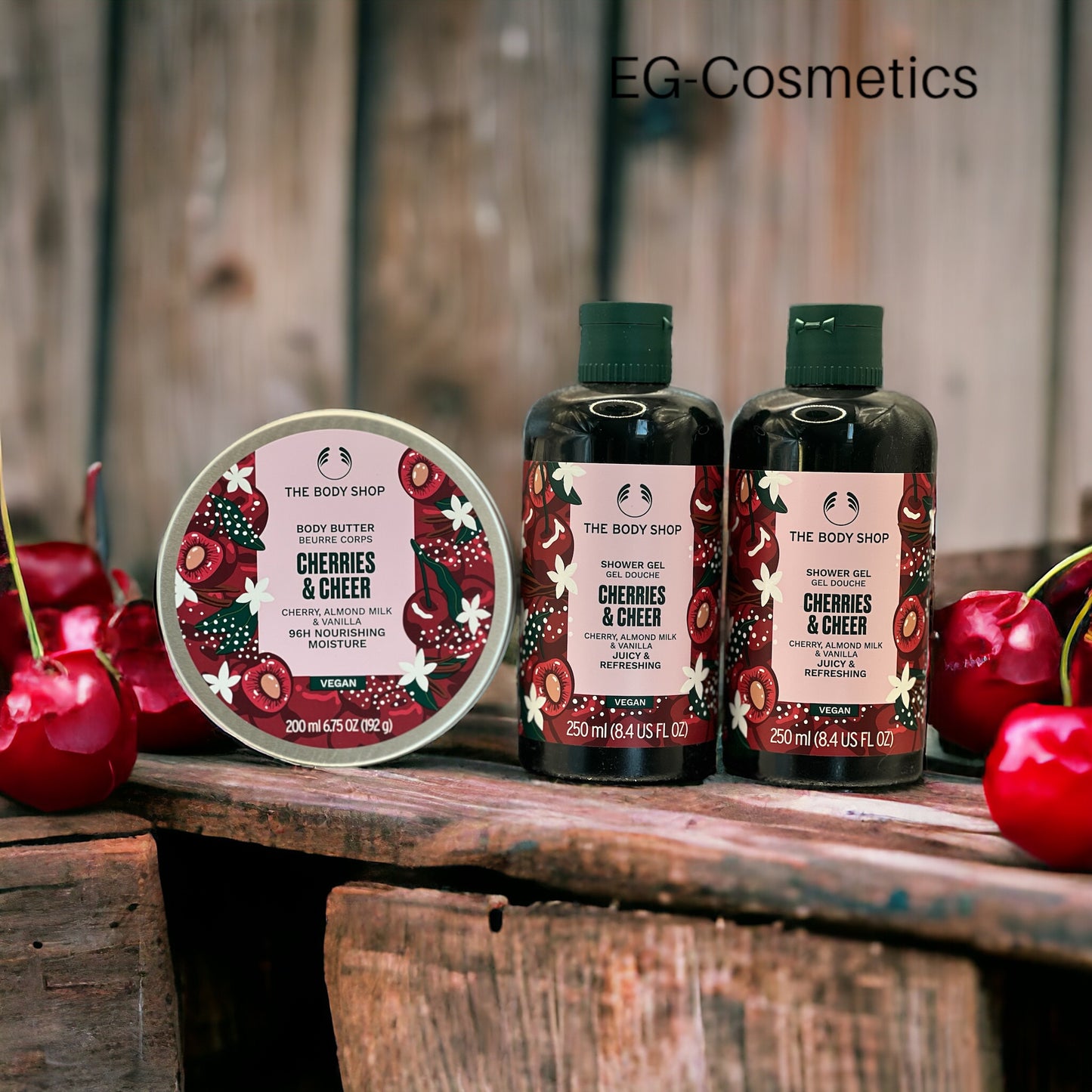The Body Shop by EG-Cosmetics Cherries & Cheer Body Butter 200ml & 2  x Shower Gel 250ml DUO