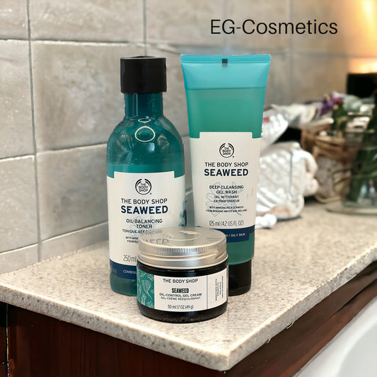 The Body Shop by EG-Cosmetics Seaweed Exfoliator 100ml, Oil Balancing Toner 250ml, Oil-Control Gel Cream 50ml Bundle
