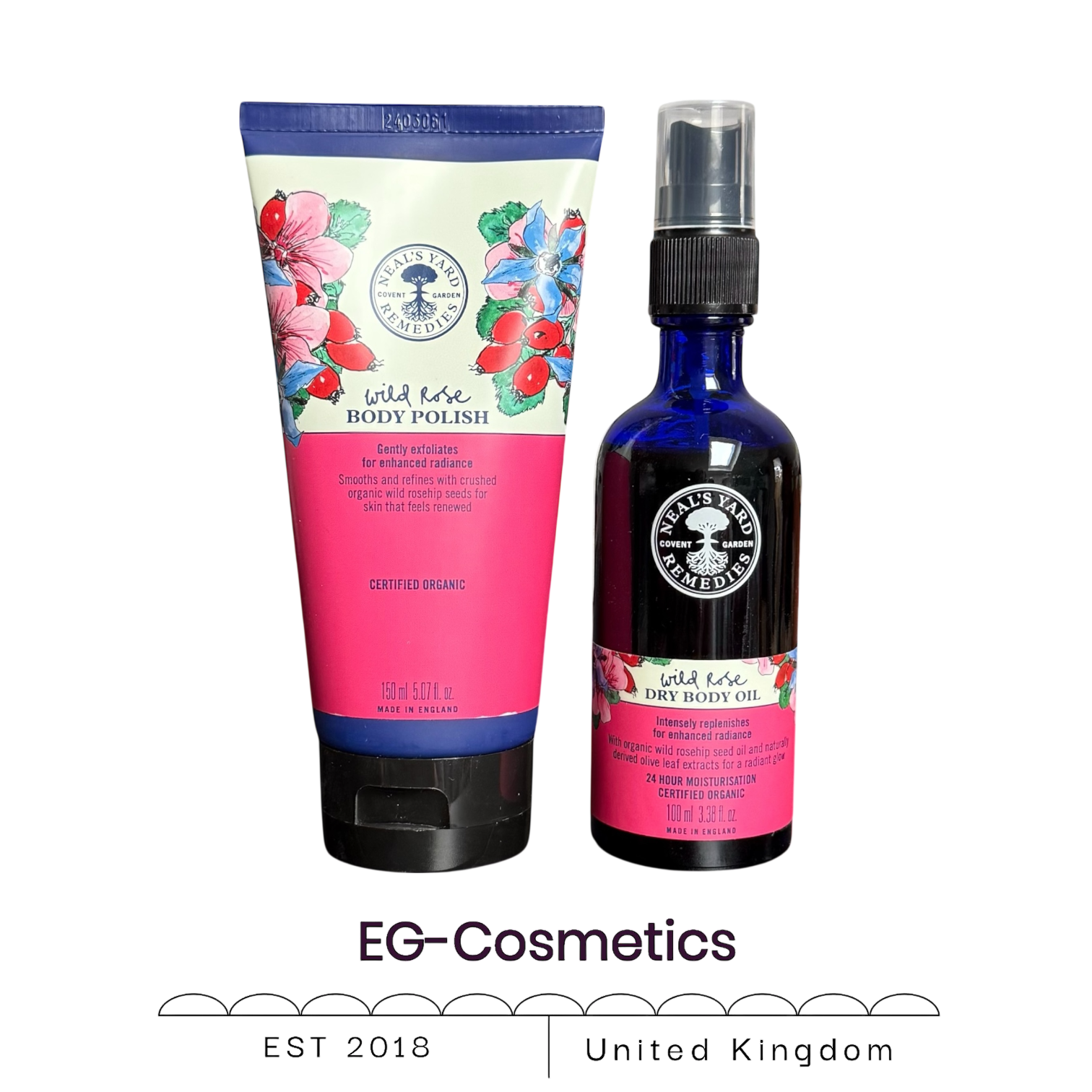 Neal's Yard Remedies Wild Rose Body Polish 150ml & Dry Body Oil 100ml duo